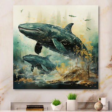 Grey Teal Marine Animals Whispering Whales - Marine Animals Wall Art Prints